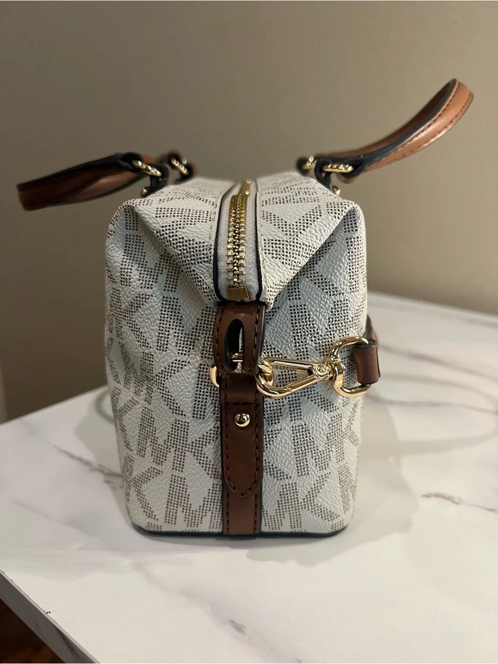 Michael Kors Cream and Brown Logo Dome Satchel